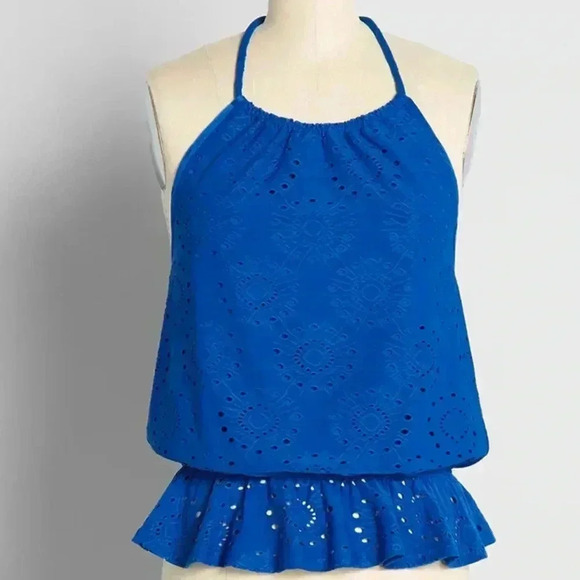 ModCloth Sapphire Blue Eyelet Halter Peplum‎ Top - Size L - Picture 1 of 3